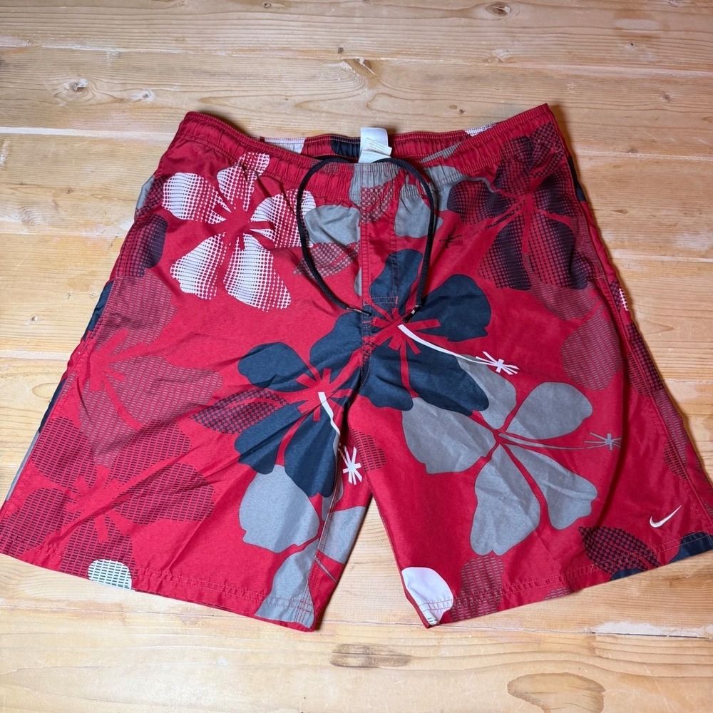 Y2K Nike Mens Swim Trunks Red Hibiscus Floral Mesh Lined Board Shorts Size M